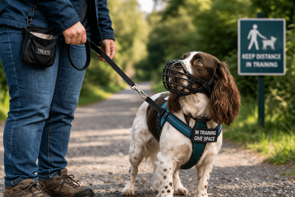 Springer Spaniel wearing a basket muzzle and “In Training – Give Space” harness during a calm walk with a handler, illustrating safety-focused management for sudden aggression.