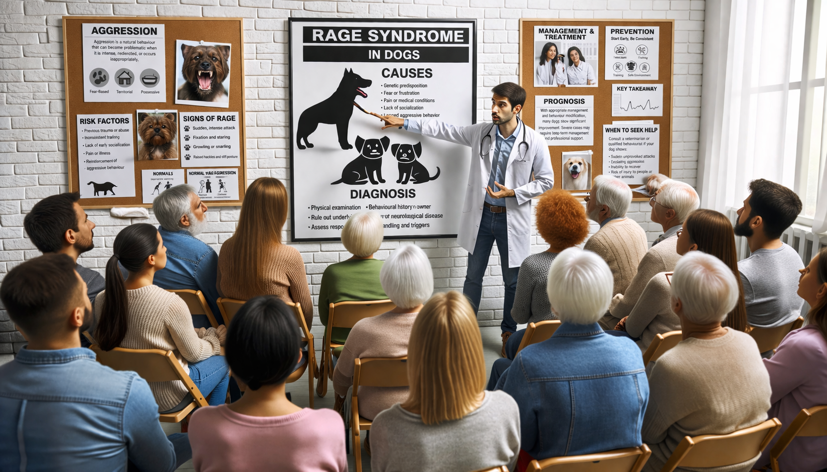 Presenter pointing to a rage syndrome diagram in front of a seated audience