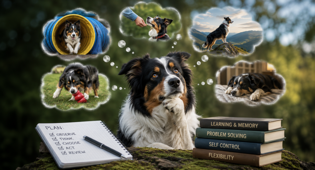 A dog pondering choices 