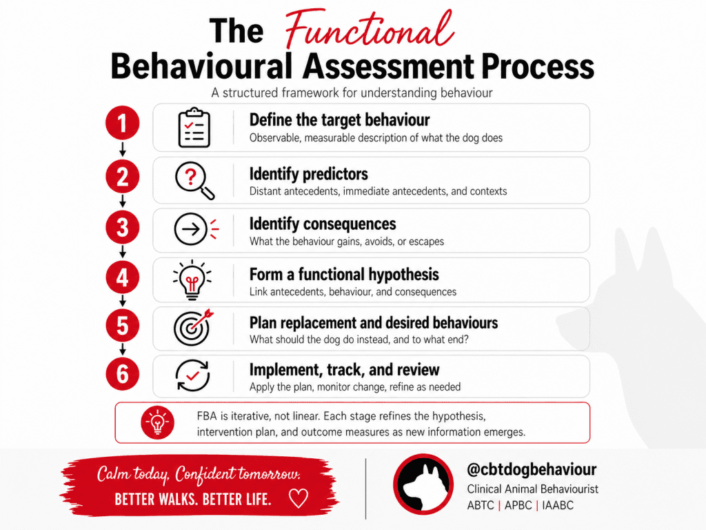 Functional behavioural assessment process infographic showing six steps from defining the target behaviour to reviewing outcomes in dog behaviour cases.