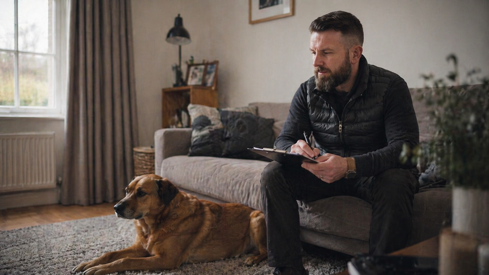 Clinical Animal Behaviourist observing a relaxed brown dog during a home behaviour assessment