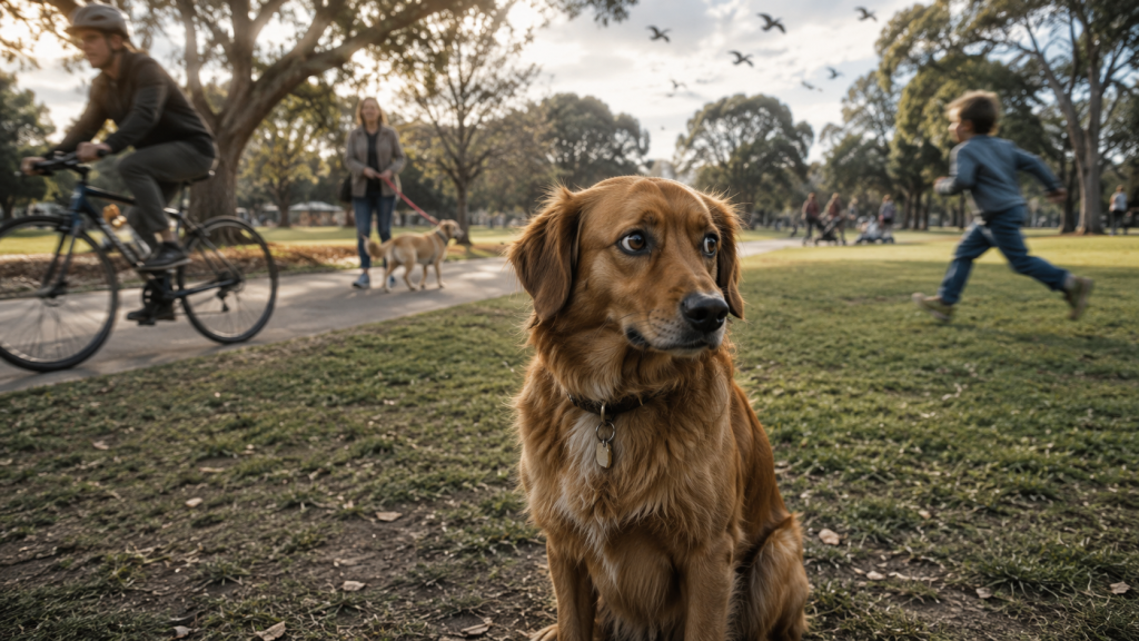 A worried dog sitting in a busy park with cyclists, children, other dogs and birds nearby, illustrating how multiple triggers can build up and affect coping ability.
