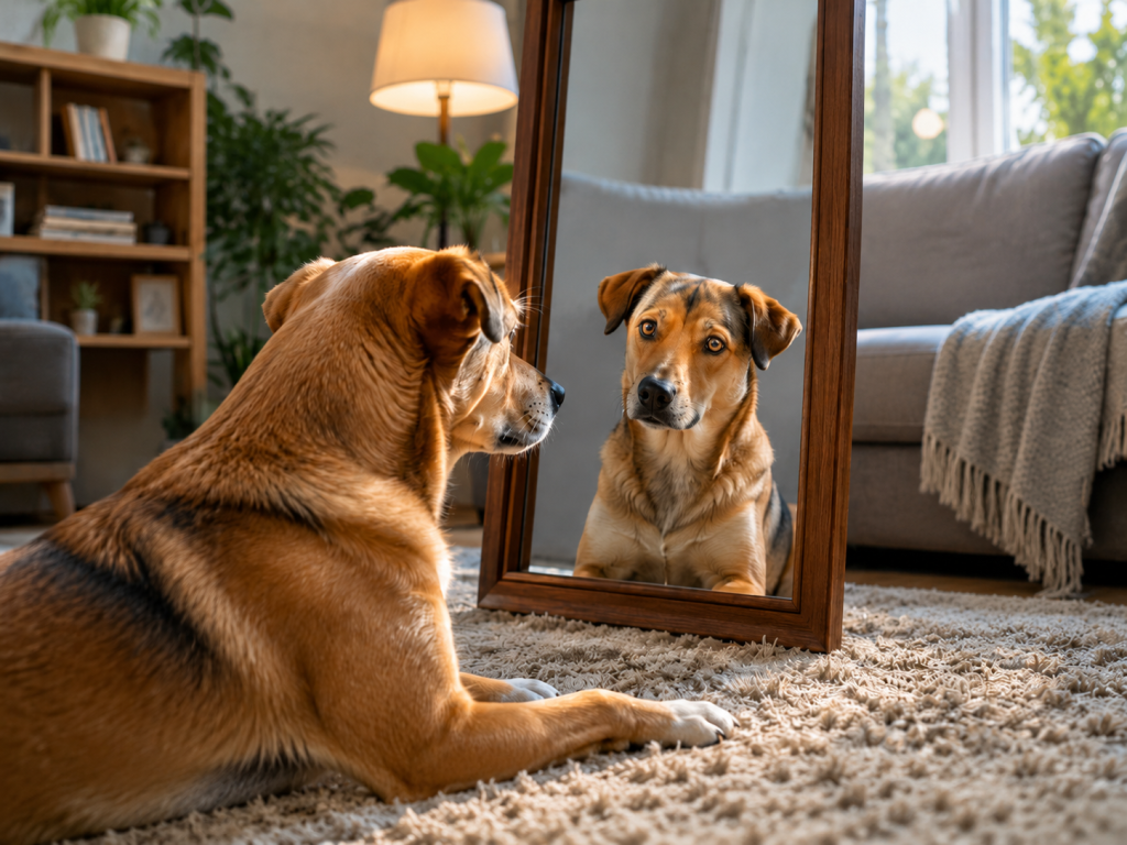 A dog lying in a living room and looking at its reflection in a mirror, illustrating questions around animal self-awareness and metacognition.