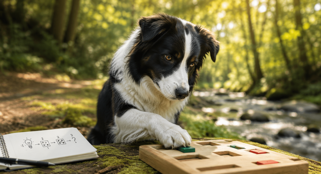 A dog using a puzzle board in a woodland setting, illustrating animal cognition, learning and problem-solving behaviour.