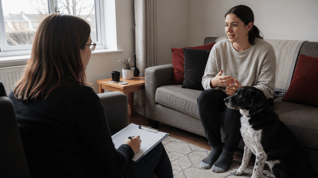Dog owner speaking during a home behaviour consultation while notes are taken, with a calm dog beside the sofa