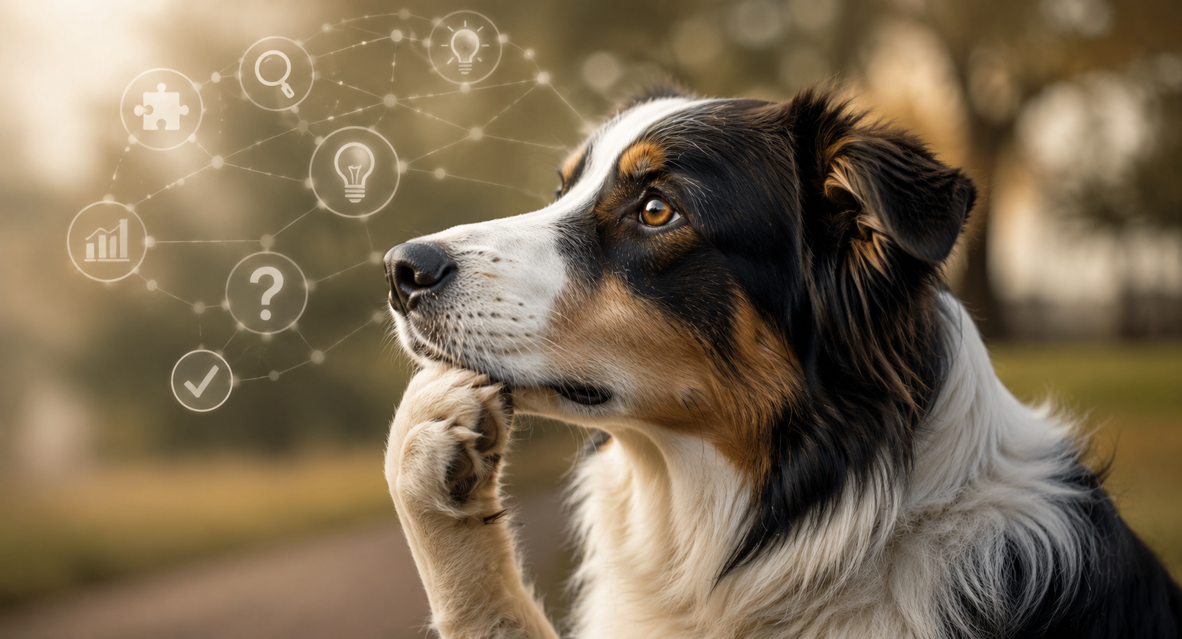 A thoughtful dog looking into the distance with subtle cognitive symbols in the background, representing animal metacognition, learning and problem solving.
