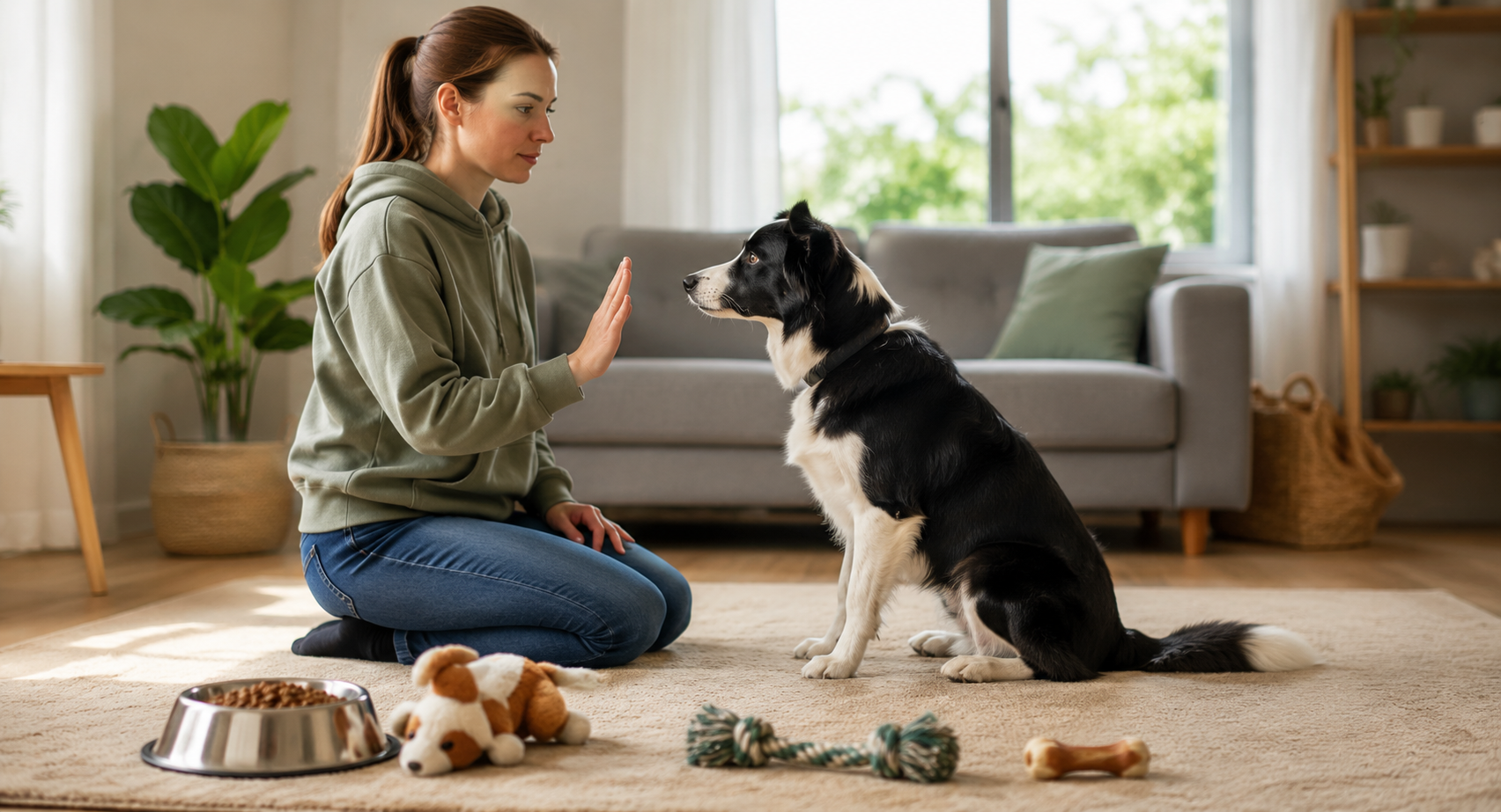 A dog sitting calmly in a living room while its handler gives a clear hand signal, with food and toys nearby as training distractions.