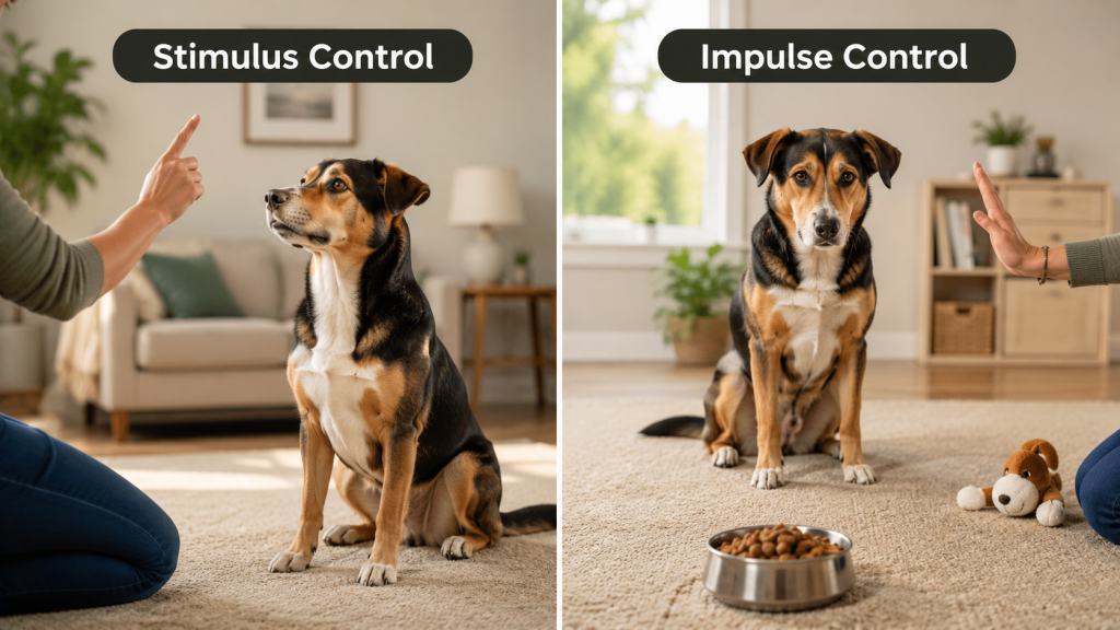 A split-screen comparison showing a dog responding to a clear training cue for stimulus control and calmly waiting near food and toys for impulse control.