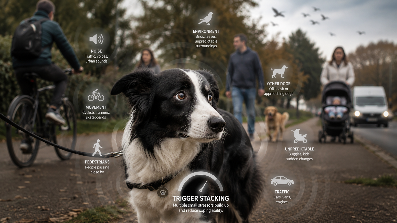 A worried dog on lead in a busy outdoor environment, with visual labels showing common triggers such as traffic, cyclists, pedestrians, other dogs and sudden changes.