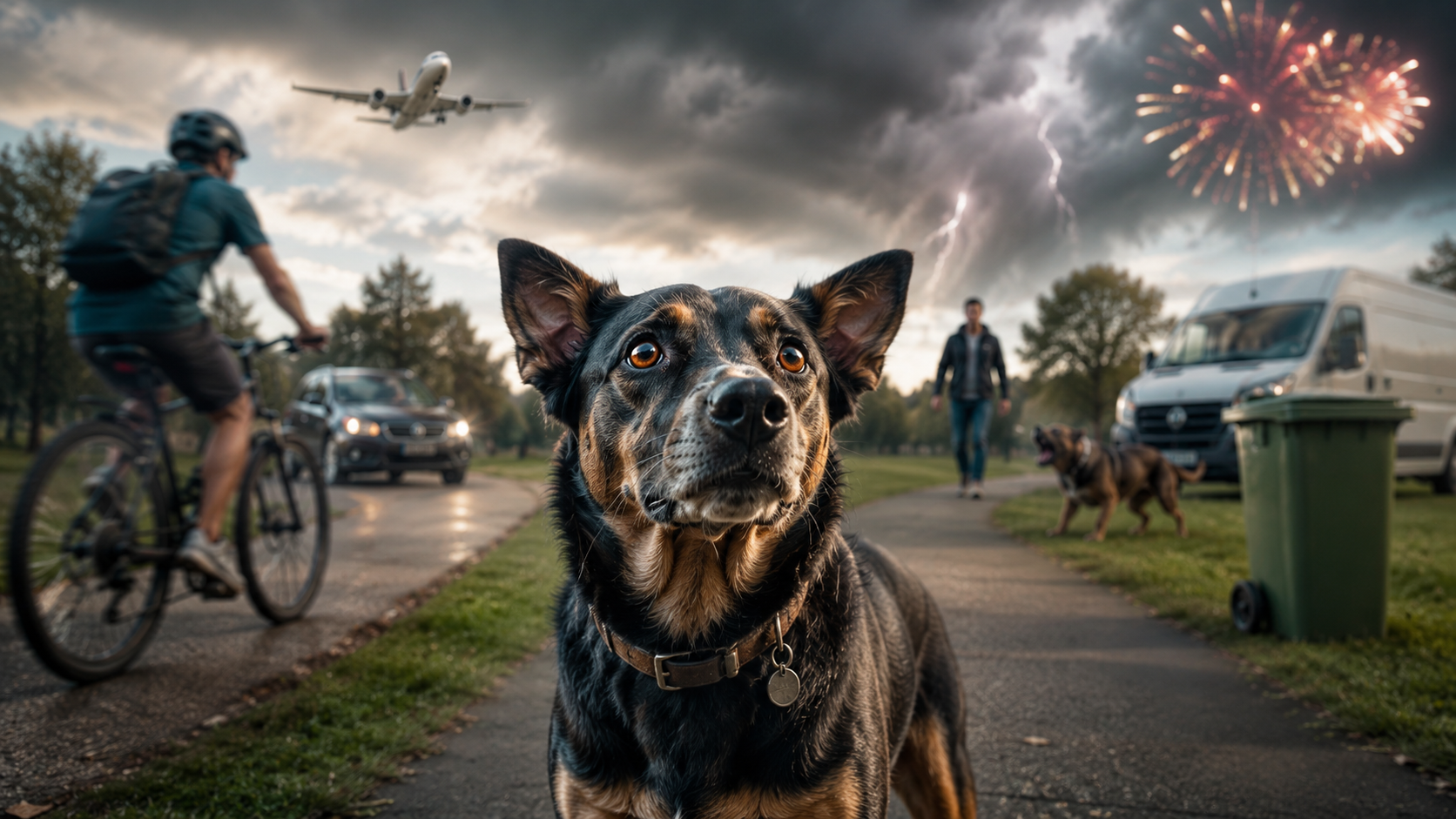 A tense dog in a busy park environment with multiple triggers nearby, including traffic, a cyclist, another dog, people, stormy weather and fireworks.