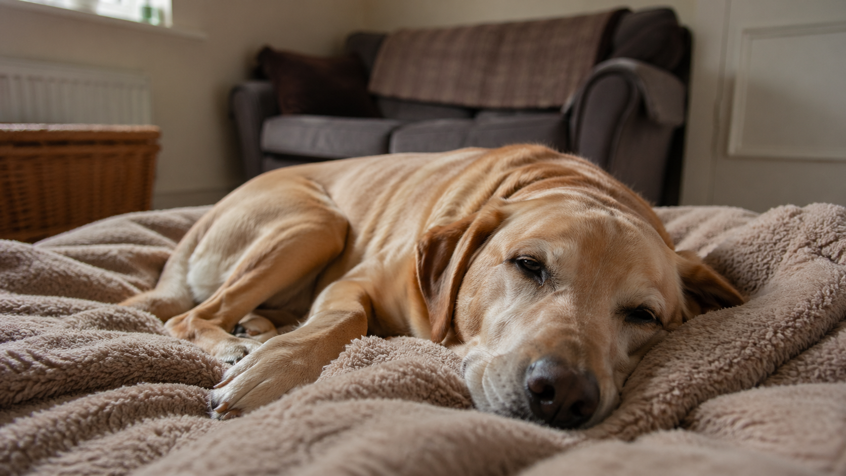 Relaxed yellow Labrador lying on a soft blanket at home with soft eyes and a settled body posture.