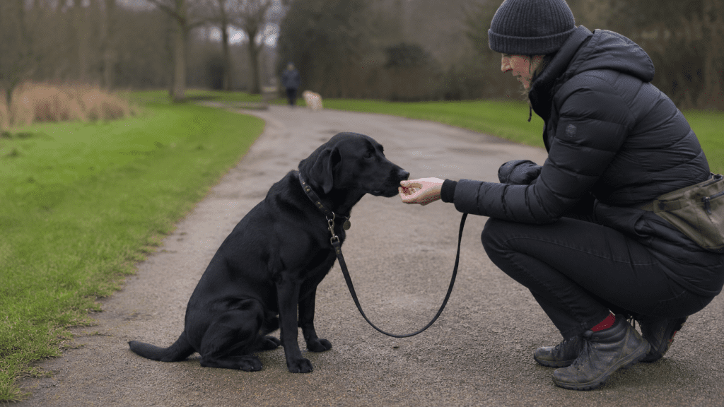 Black Labrador sitting calmly on a loose lead and taking a treat from a handler while another dog is blurred in the distance.