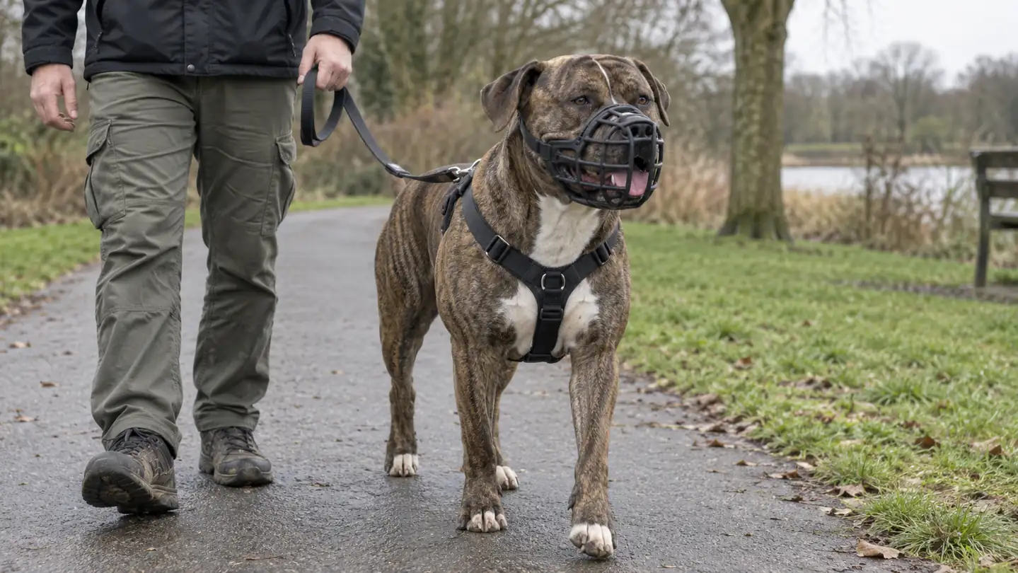 Brindle XL Bully wears a basket muzzle and harness beside its handler on a park path