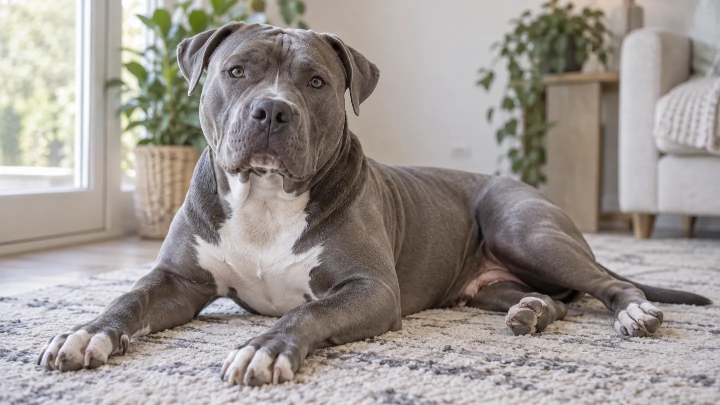 Grey and white XL Bully rests calmly on a rug beside a window at home