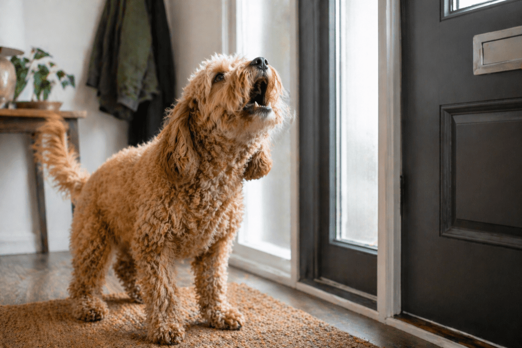 Small curly-haired dog barking at the front door inside a home hallway