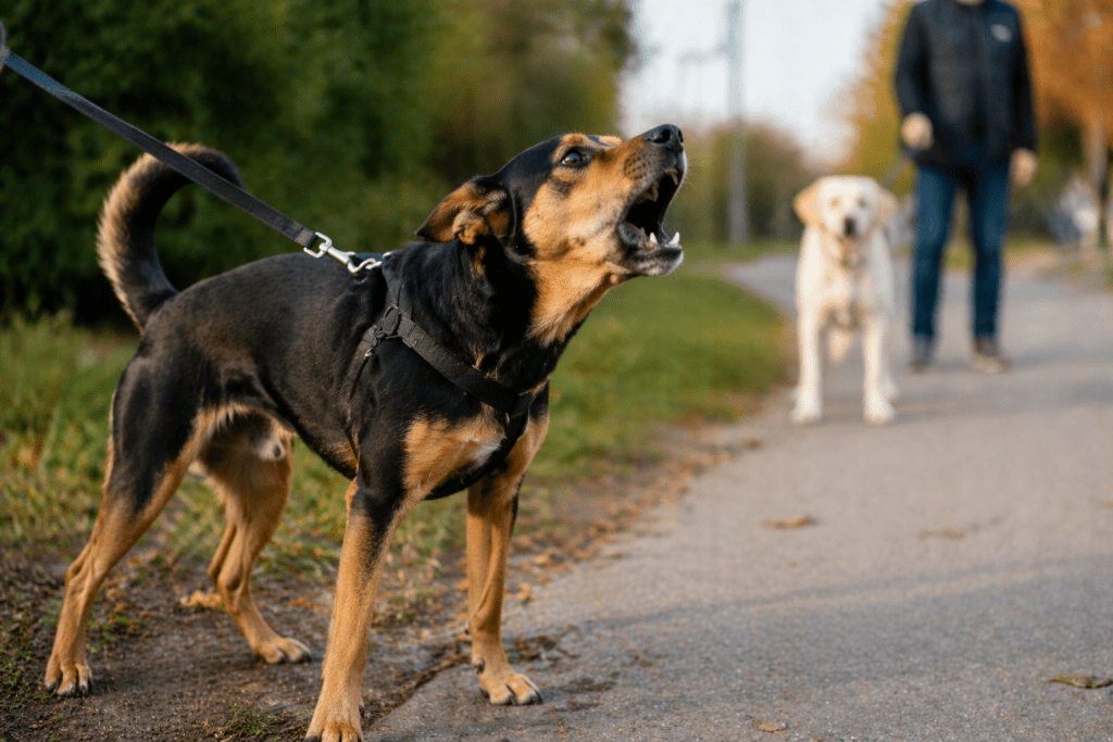 Black and tan dog barking on lead during a walk while another dog approaches in the distance