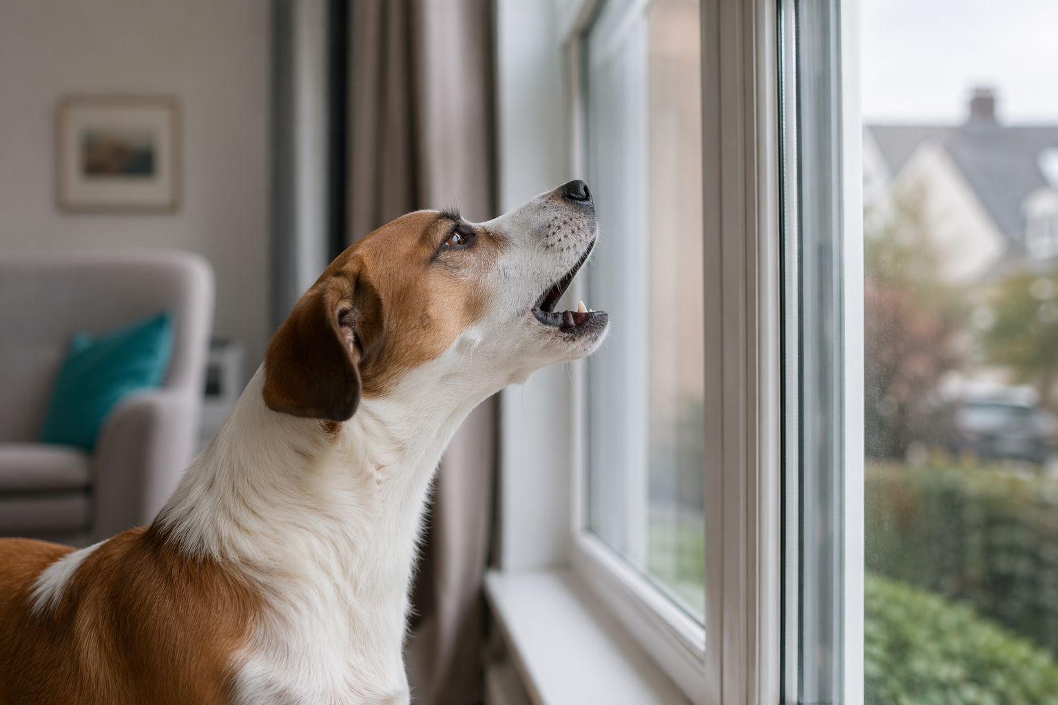 Dog barking at movement outside a window inside a home living room